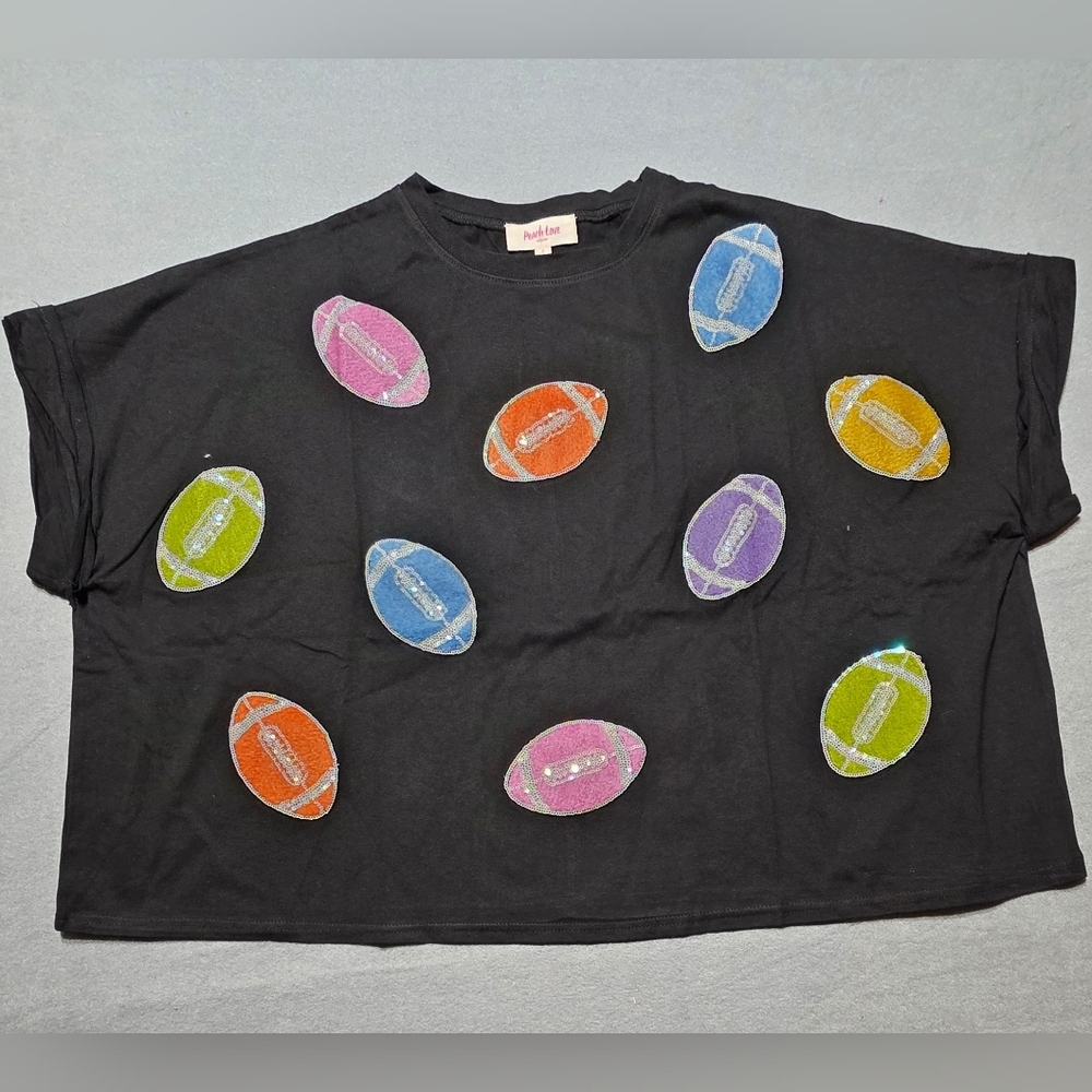 Peach Love Colorful Patch Football Oversized Women's Top New In Poly PTP 30 MED - Picture 2 of 7